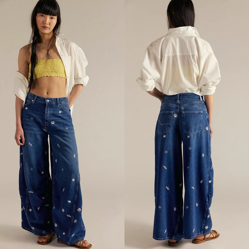 Free People Wide Leg Embroidered Blue Denim Jeans